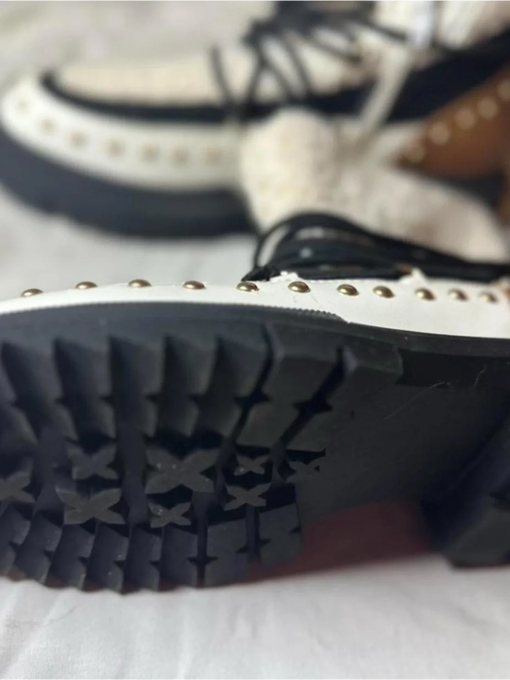 Princess Polly Cream Sherpa Lace-Up Combat Boots with Black & Brown Accents